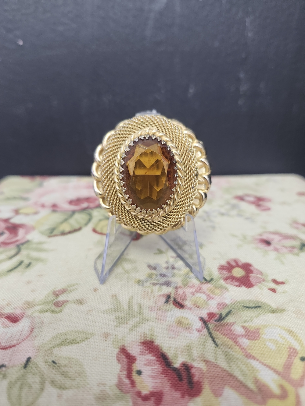 Gold-Tone Amber Oval Statement Brooch Large
